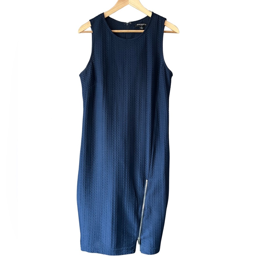 Sharagano Textured Navy Midi Dress with Zipper Detail